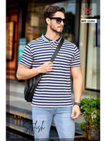 Navy Strpied Polo Neck T-Shirt