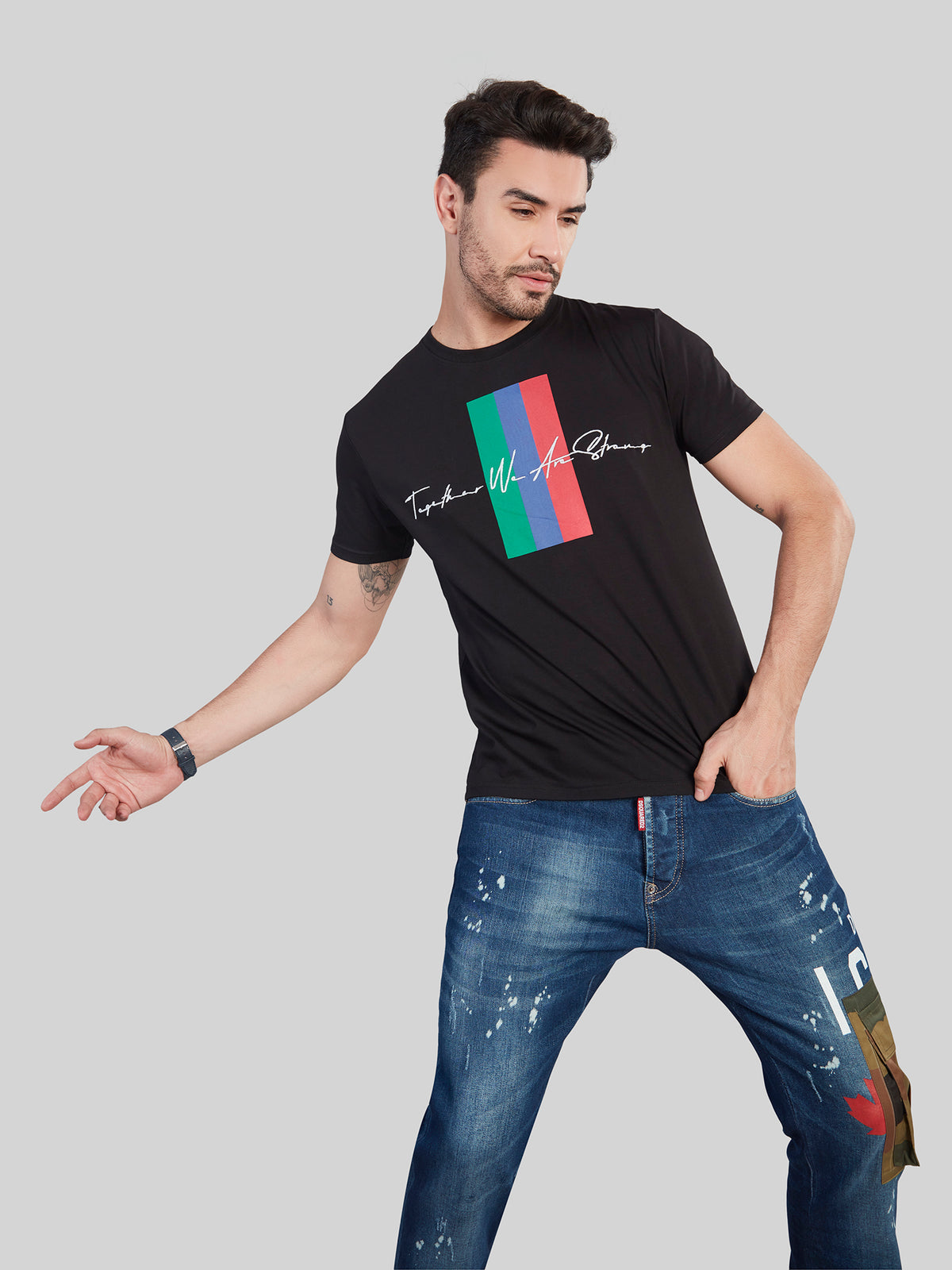 Black Printed Round Neck T-Shirt