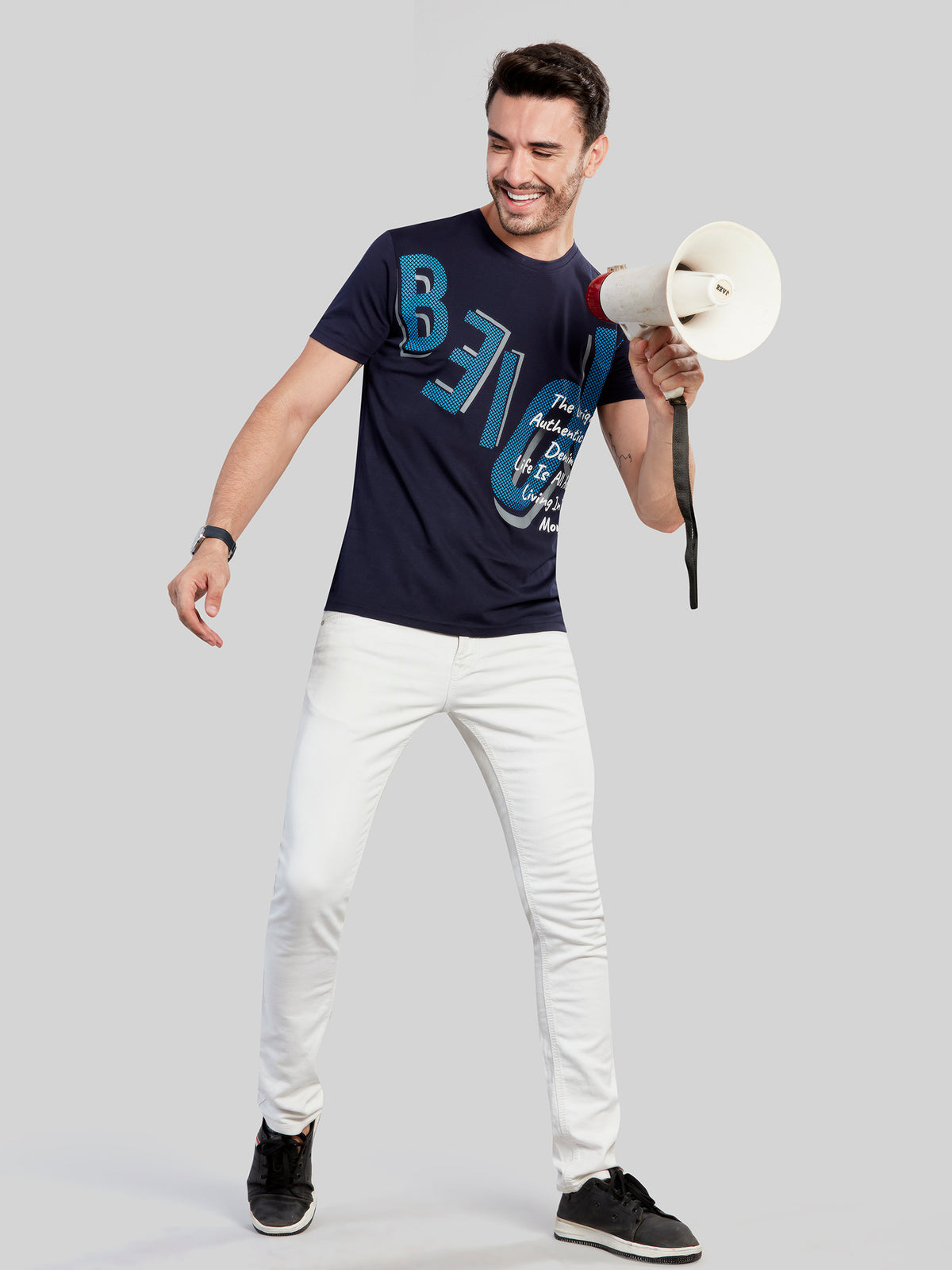 Navy Printed Round Neck T-Shirt