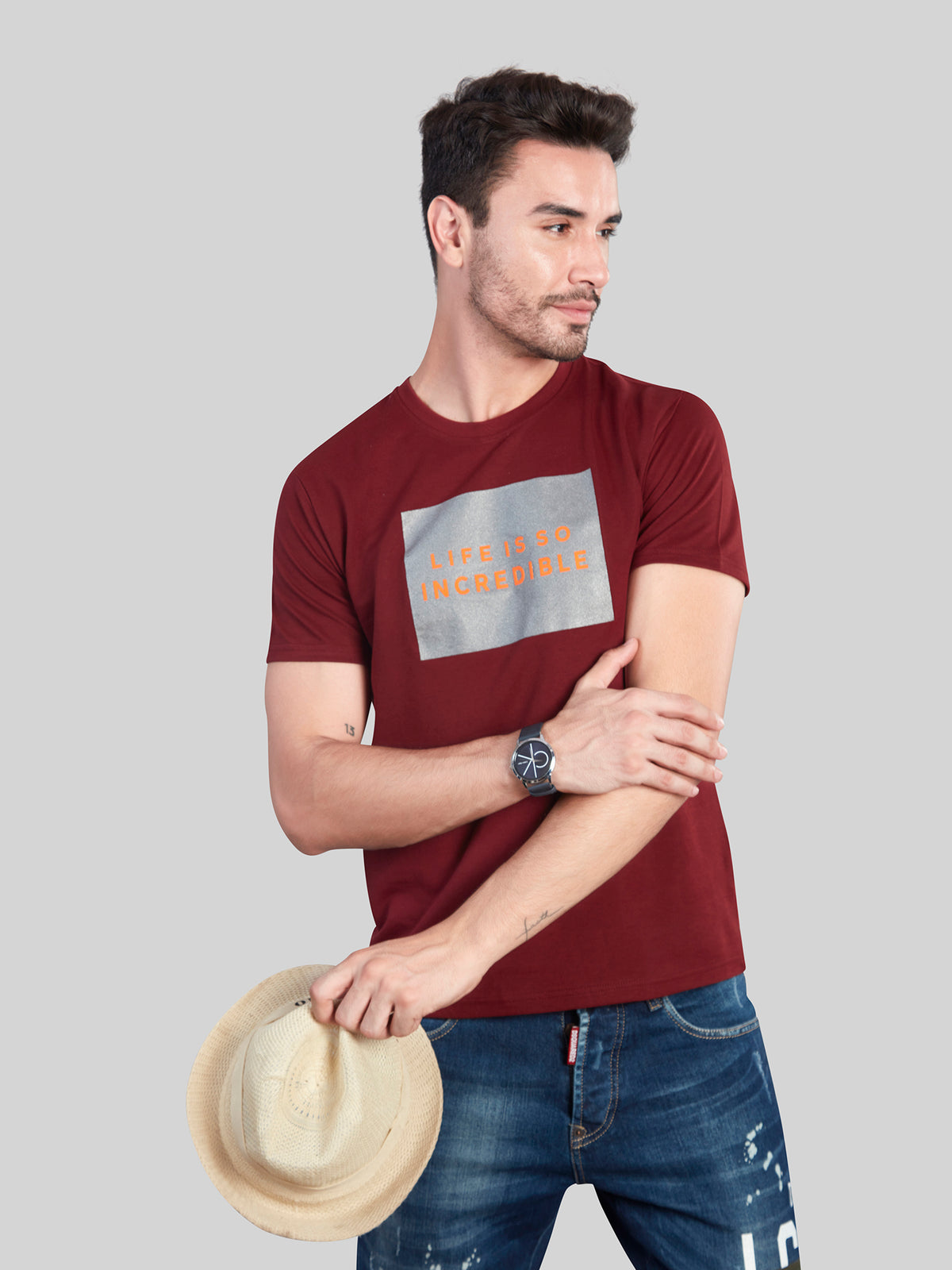 Maroon Printed Round Neck T-Shirt