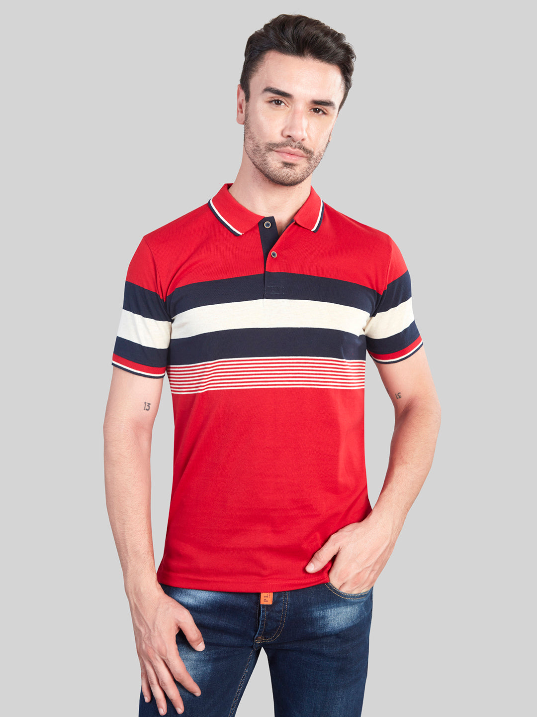 Red Striped Polo Neck T-Shirt