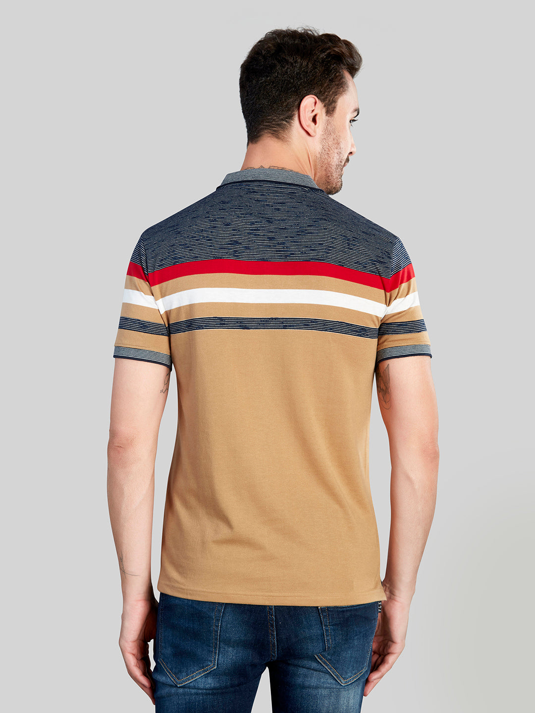 Beige Striped Polo Neck T-Shirt