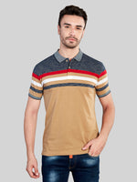 Beige Striped Polo Neck T-Shirt