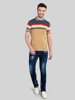 Beige Striped Polo Neck T-Shirt