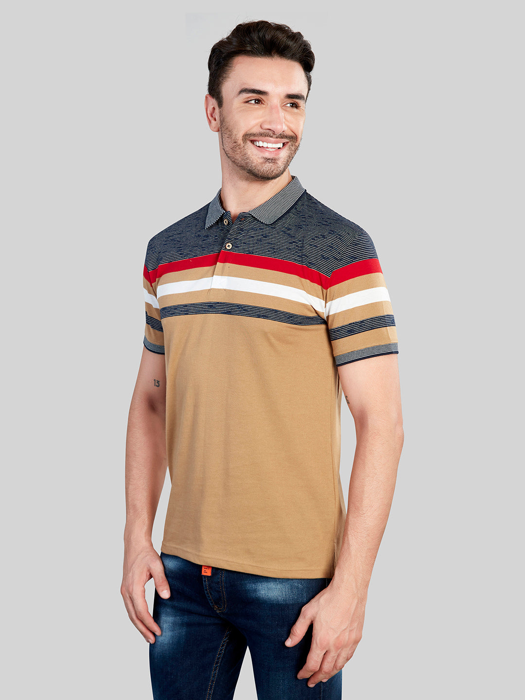 Beige Striped Polo Neck T-Shirt