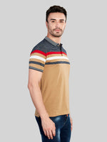 Beige Striped Polo Neck T-Shirt