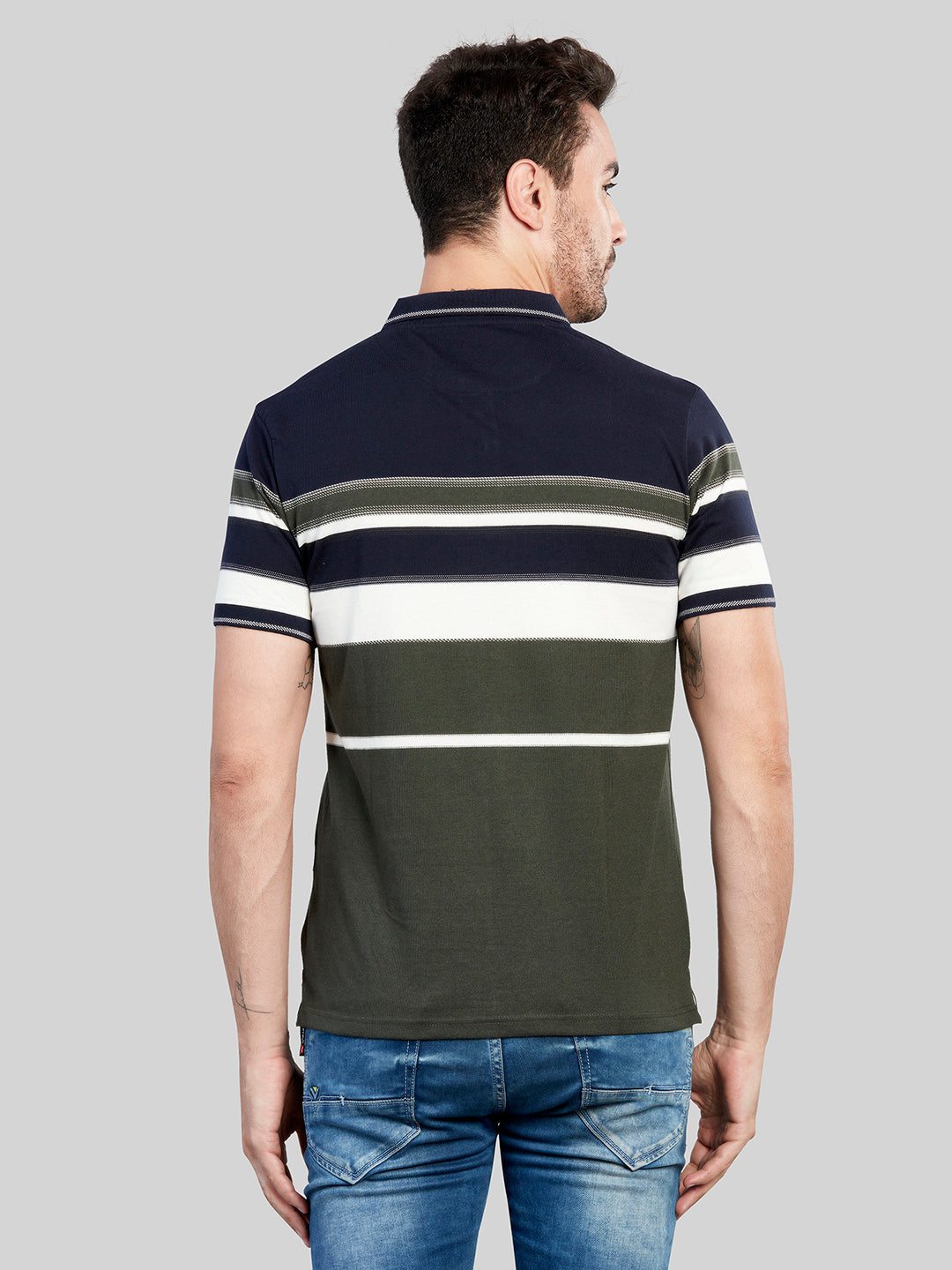 Navy Striped Polo Neck T-Shirt
