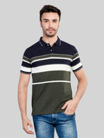 Navy Striped Polo Neck T-Shirt