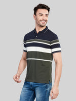 Navy Striped Polo Neck T-Shirt