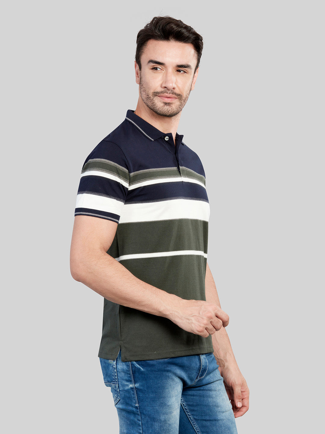 Navy Striped Polo Neck T-Shirt