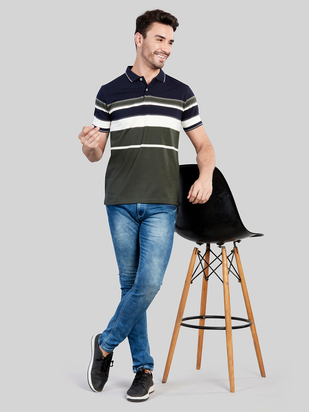 Navy Striped Polo Neck T-Shirt