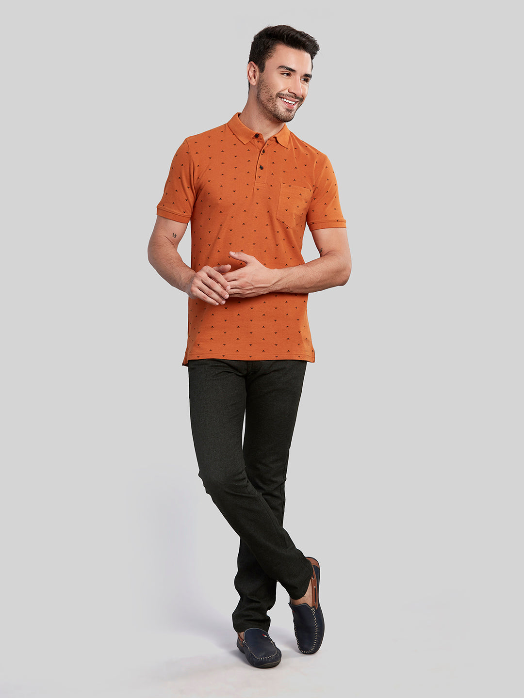 Rust Printed Polo Neck Cotton T-Shirt