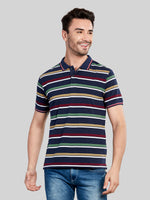 Navy Striped Polo Neck T-Shirt