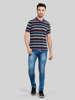 Navy Striped Polo Neck T-Shirt