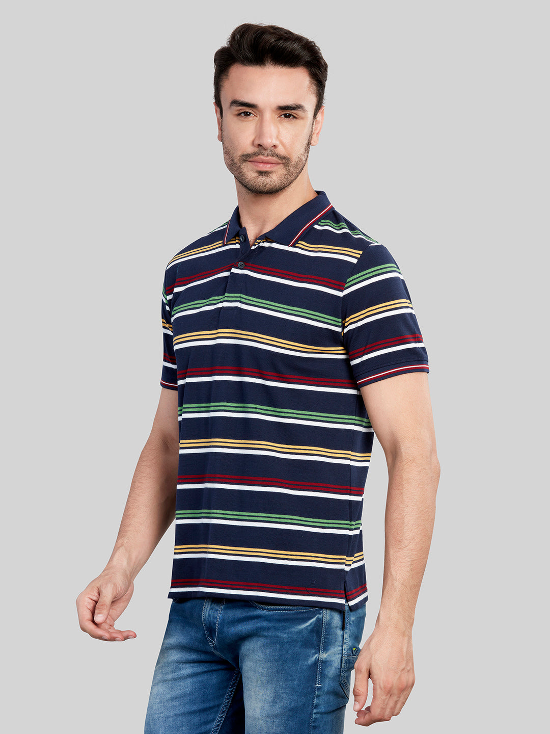 Navy Striped Polo Neck T-Shirt