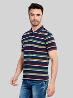 Navy Striped Polo Neck T-Shirt