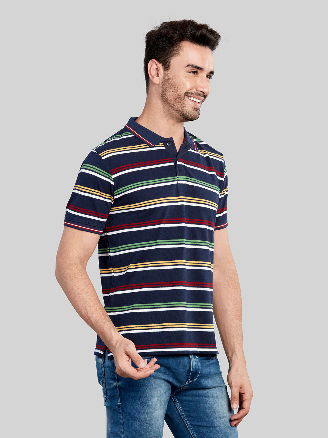 Navy Striped Polo Neck T-Shirt