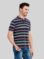 Navy Striped Polo Neck T-Shirt
