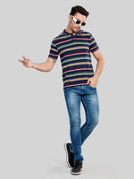 Navy Striped Polo Neck T-Shirt