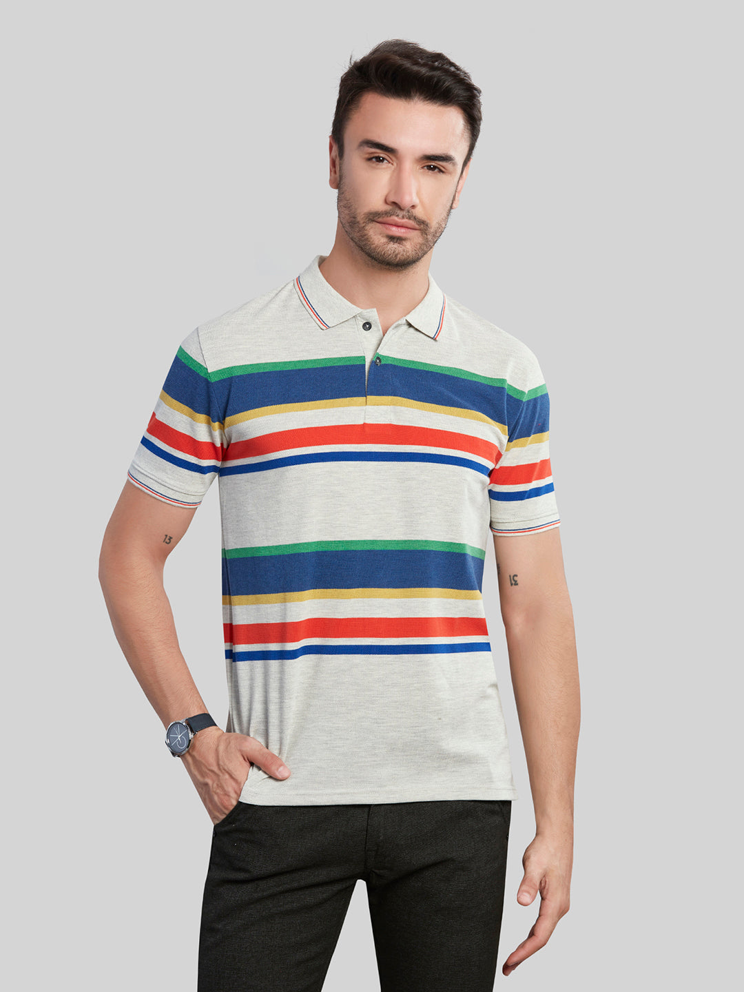 Multi Color Striped Polo Neck T-Shirt