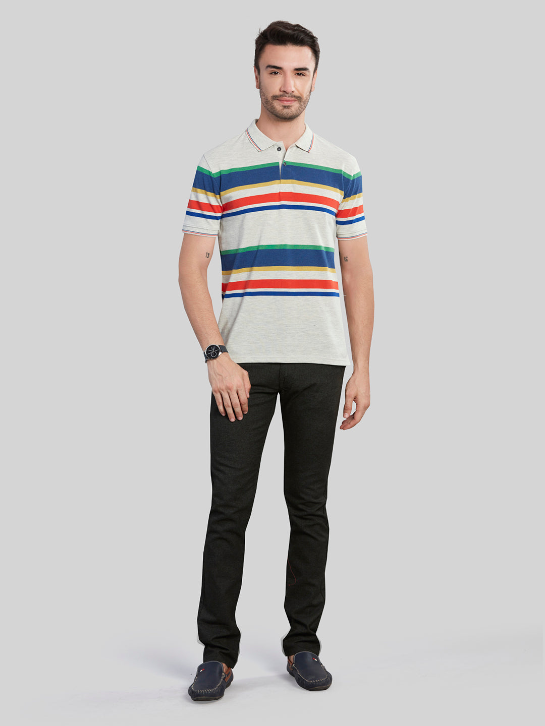 Multi Color Striped Polo Neck T-Shirt