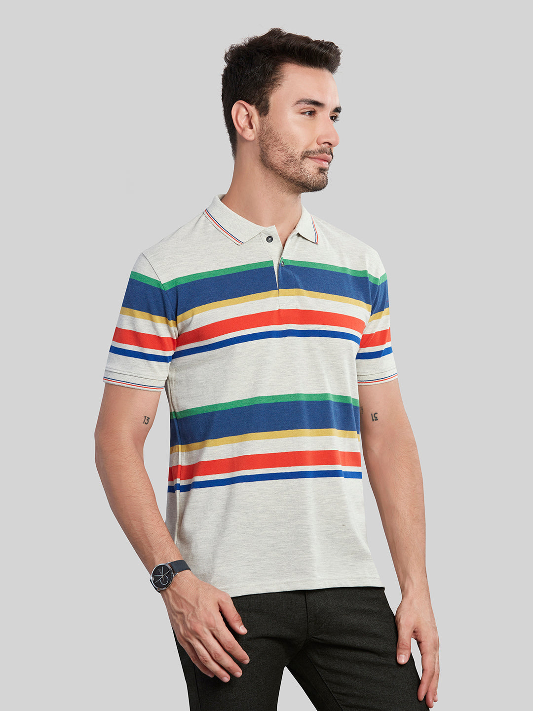 Multi Color Striped Polo Neck T-Shirt