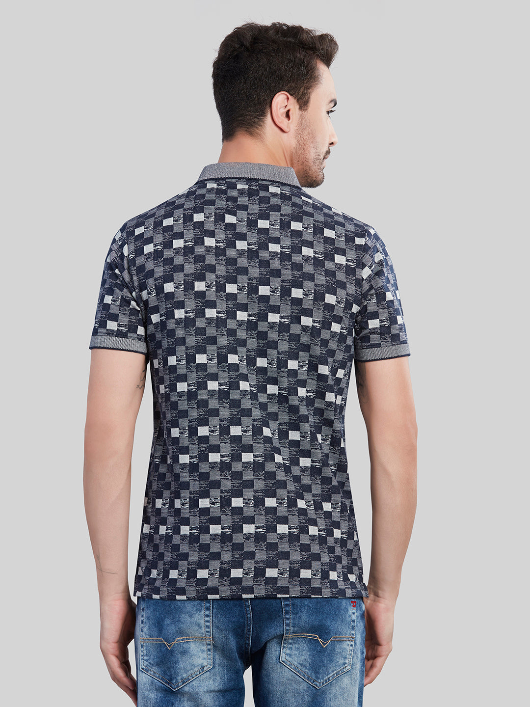 Navy Printed Polo Neck T-Shirt