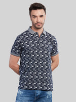Navy Printed Polo Neck T-Shirt