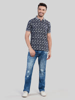 Navy Printed Polo Neck T-Shirt