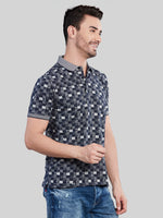 Navy Printed Polo Neck T-Shirt