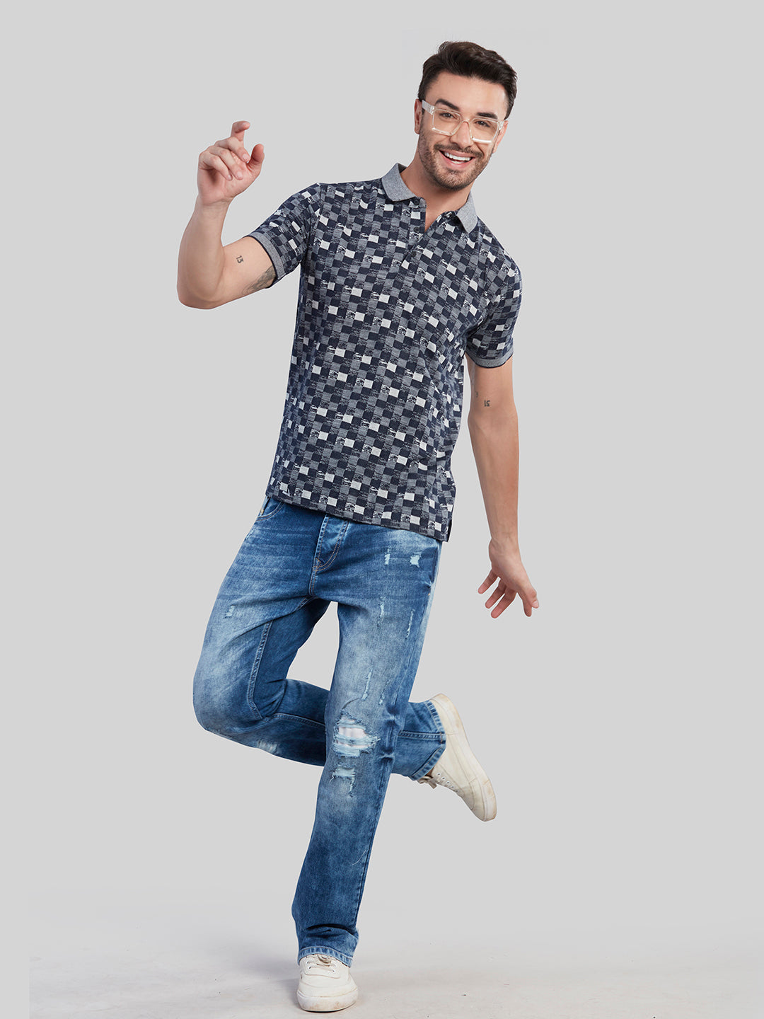 Navy Printed Polo Neck T-Shirt