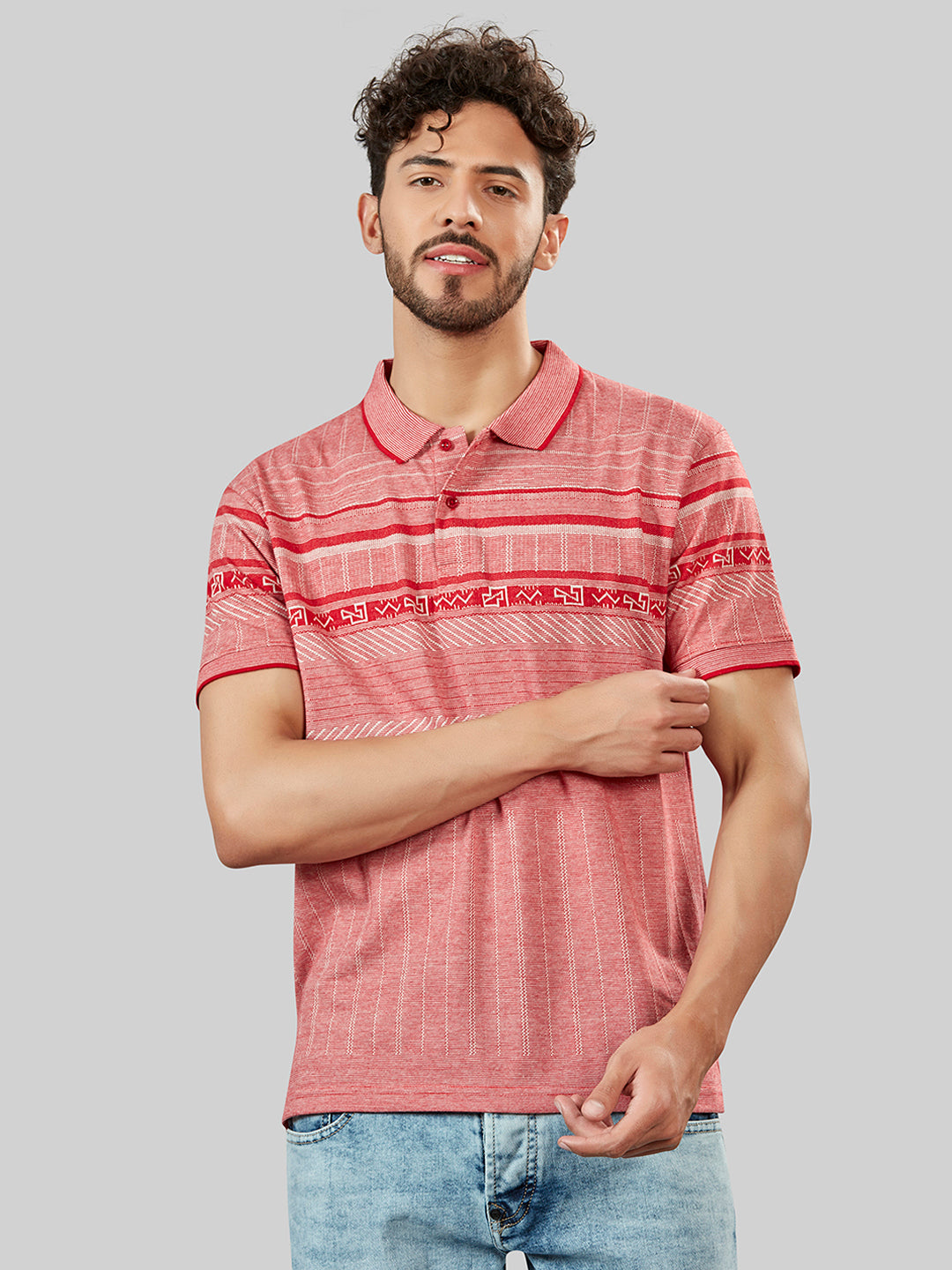 Red Printed Polo Neck T-Shirt