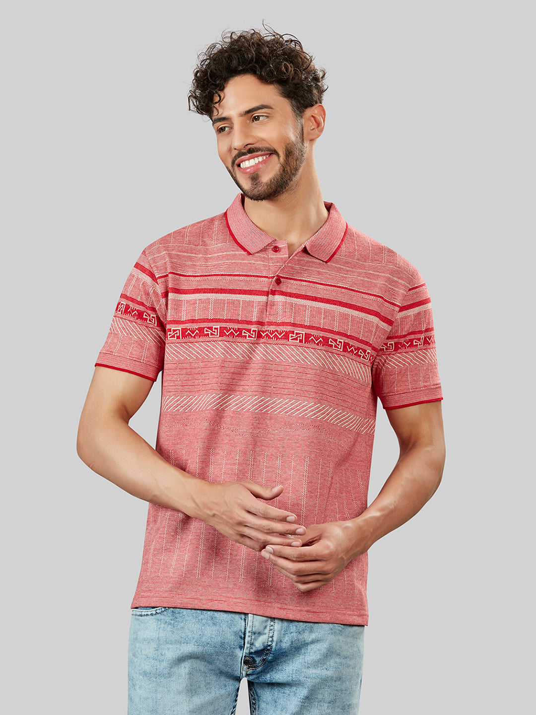 Red Printed Polo Neck T-Shirt