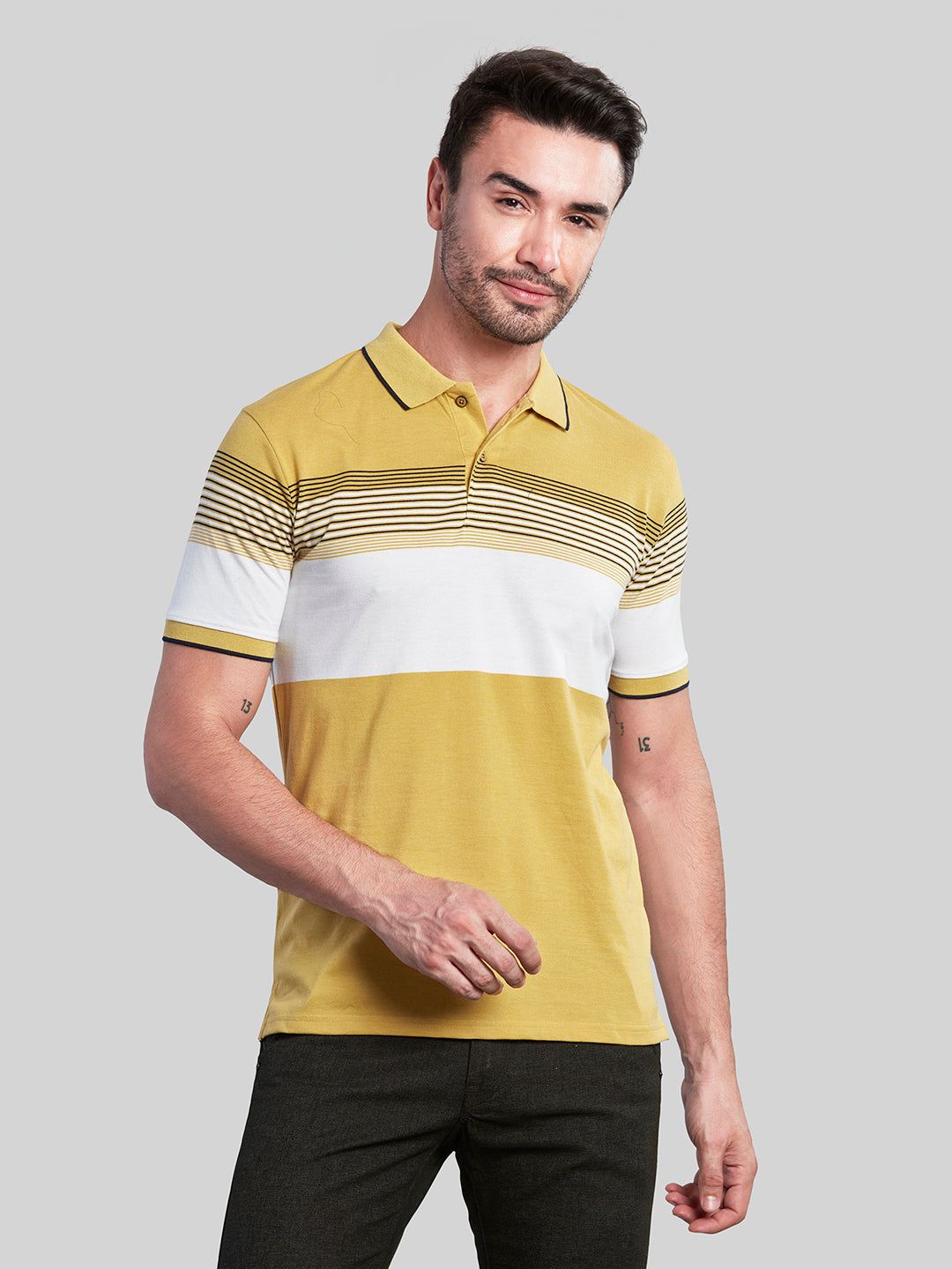 Yellow Striped Polo Neck T-Shirt