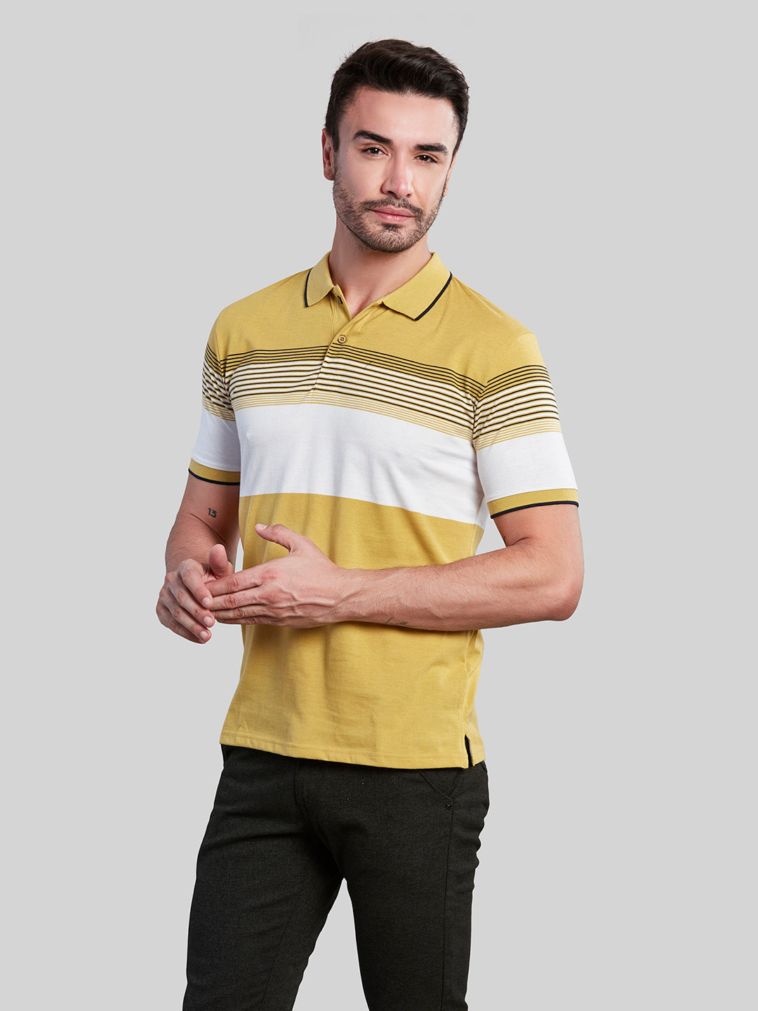 Yellow Striped Polo Neck T-Shirt