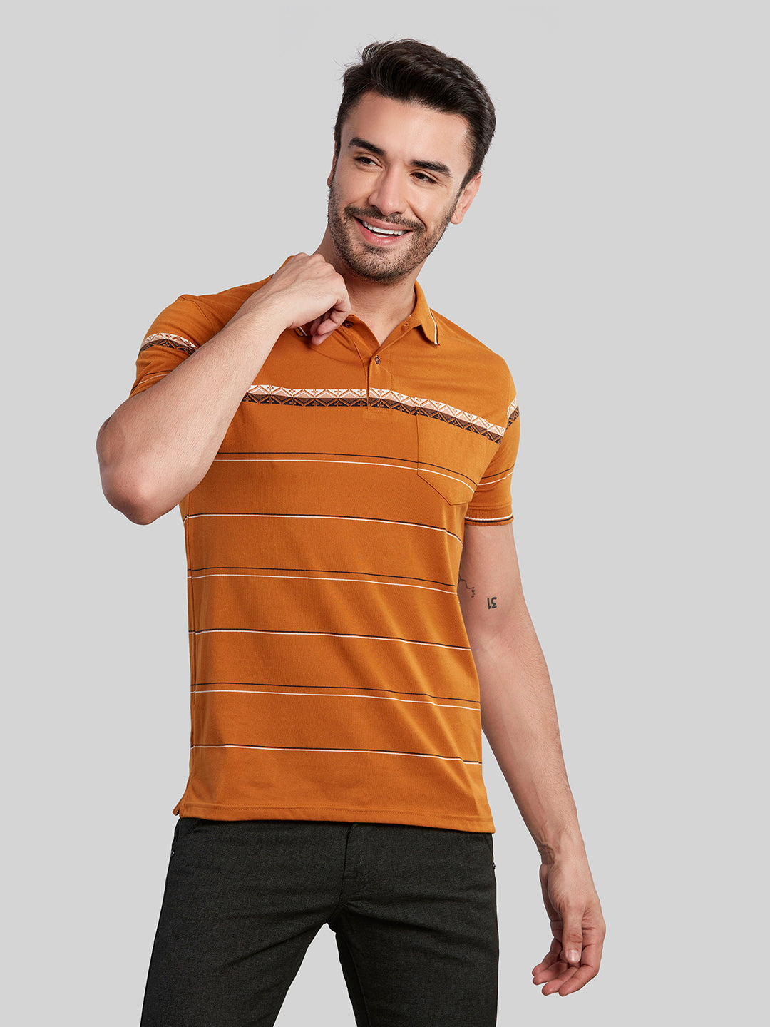 Mustard Striped Polo Neck T-Shirt