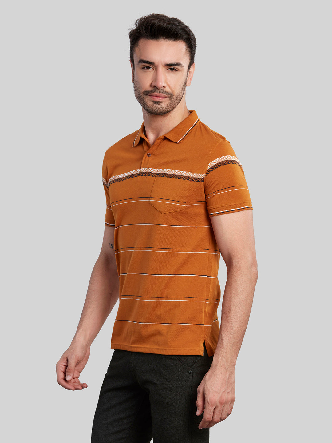 Mustard Striped Polo Neck T-Shirt