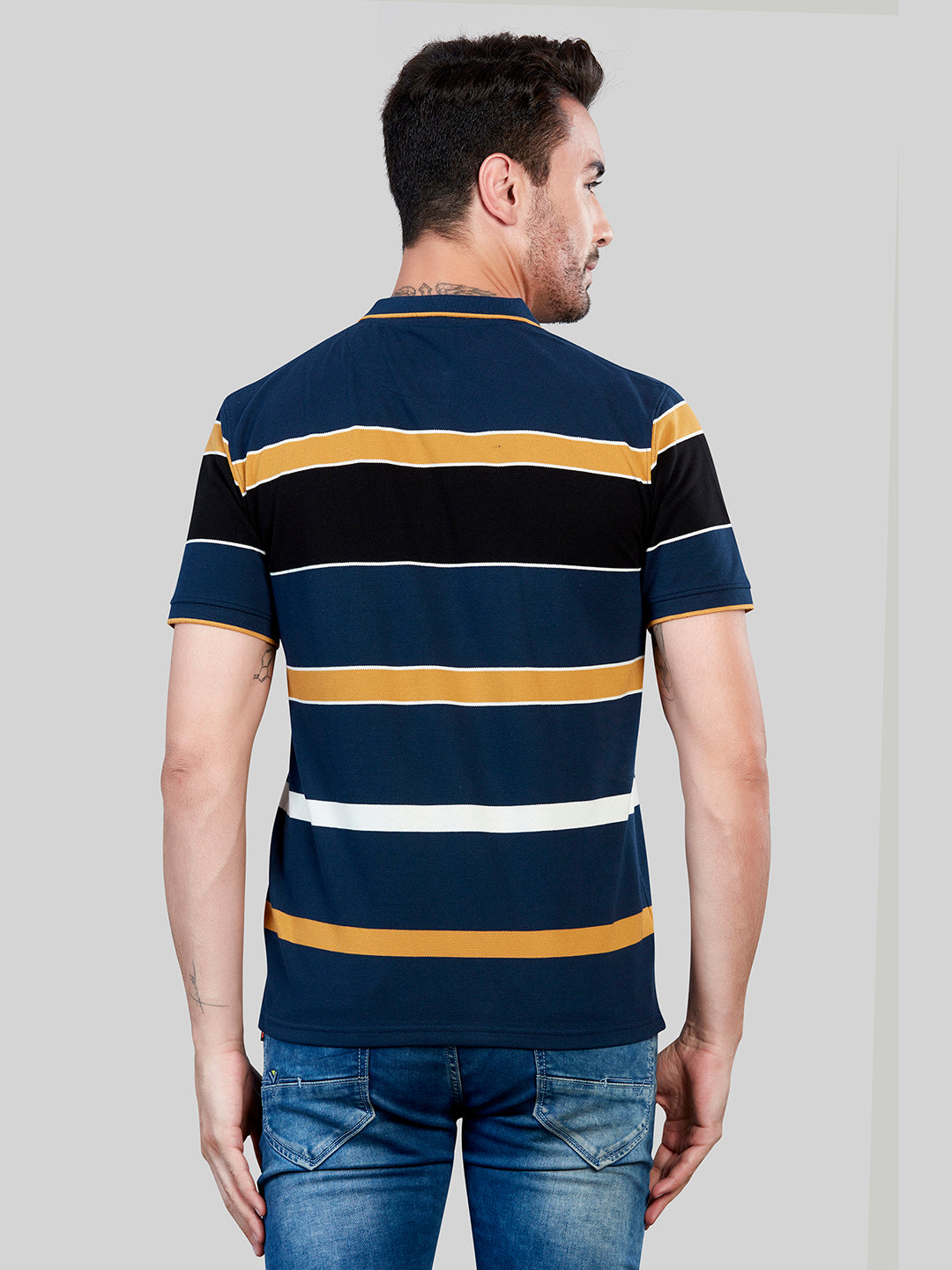 Navy Strpied Polo Neck T-Shirt