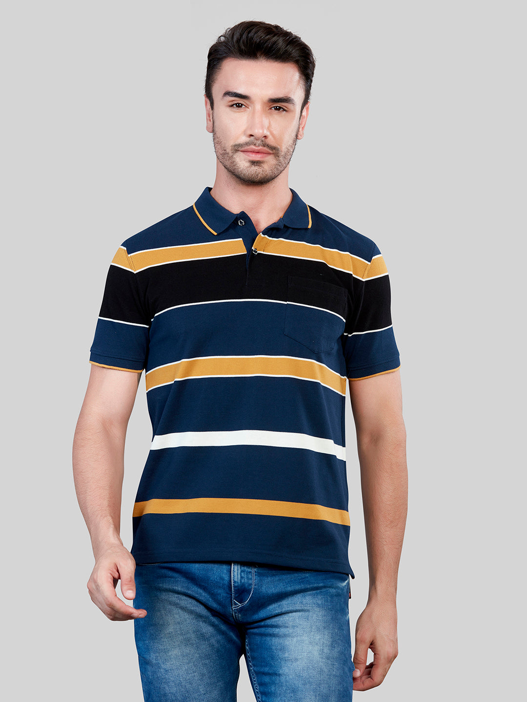 Navy Strpied Polo Neck T-Shirt