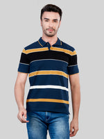 Navy Strpied Polo Neck T-Shirt