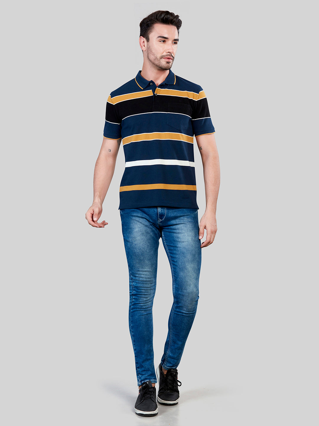 Navy Strpied Polo Neck T-Shirt