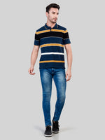 Navy Strpied Polo Neck T-Shirt
