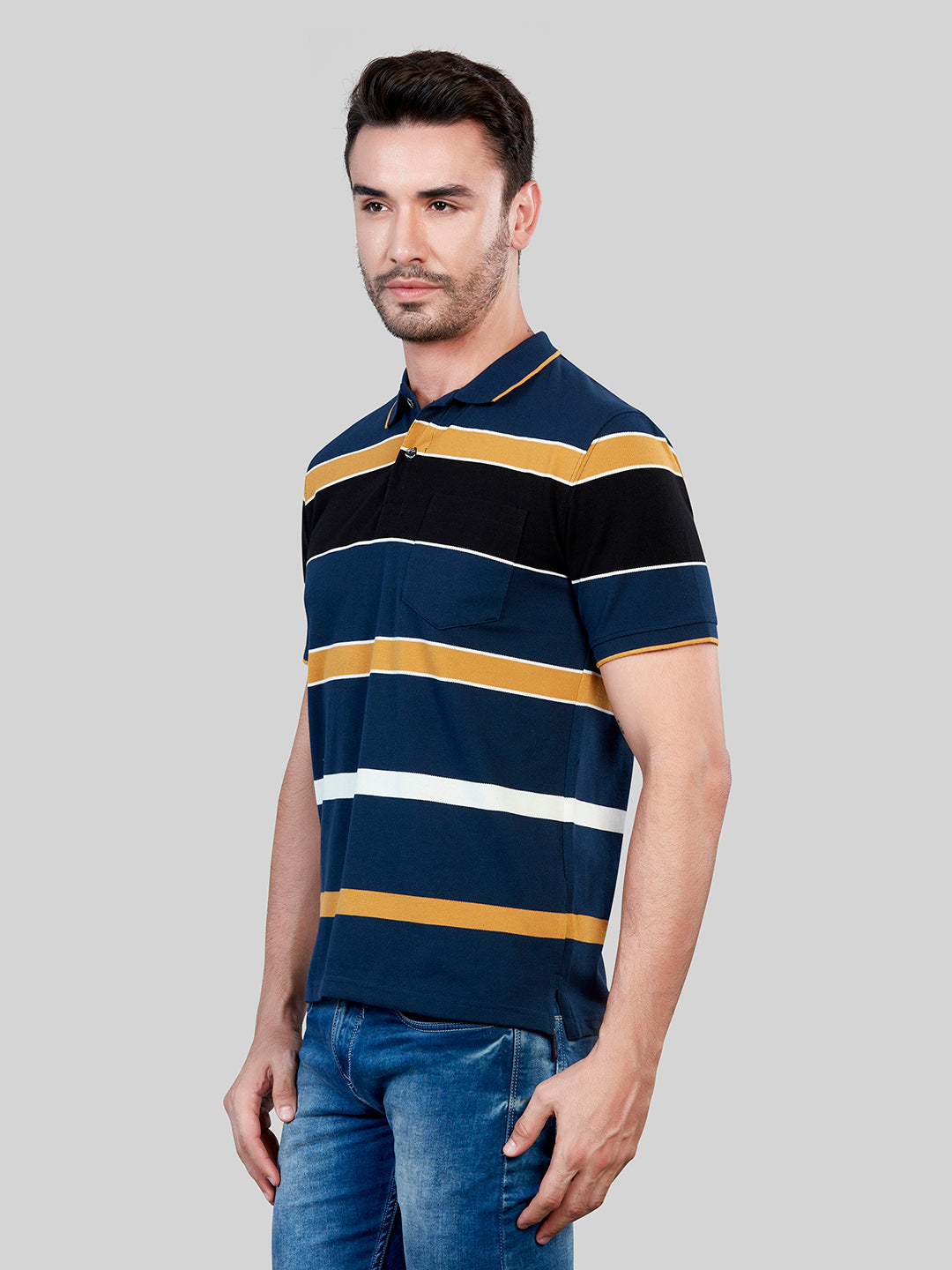 Navy Strpied Polo Neck T-Shirt