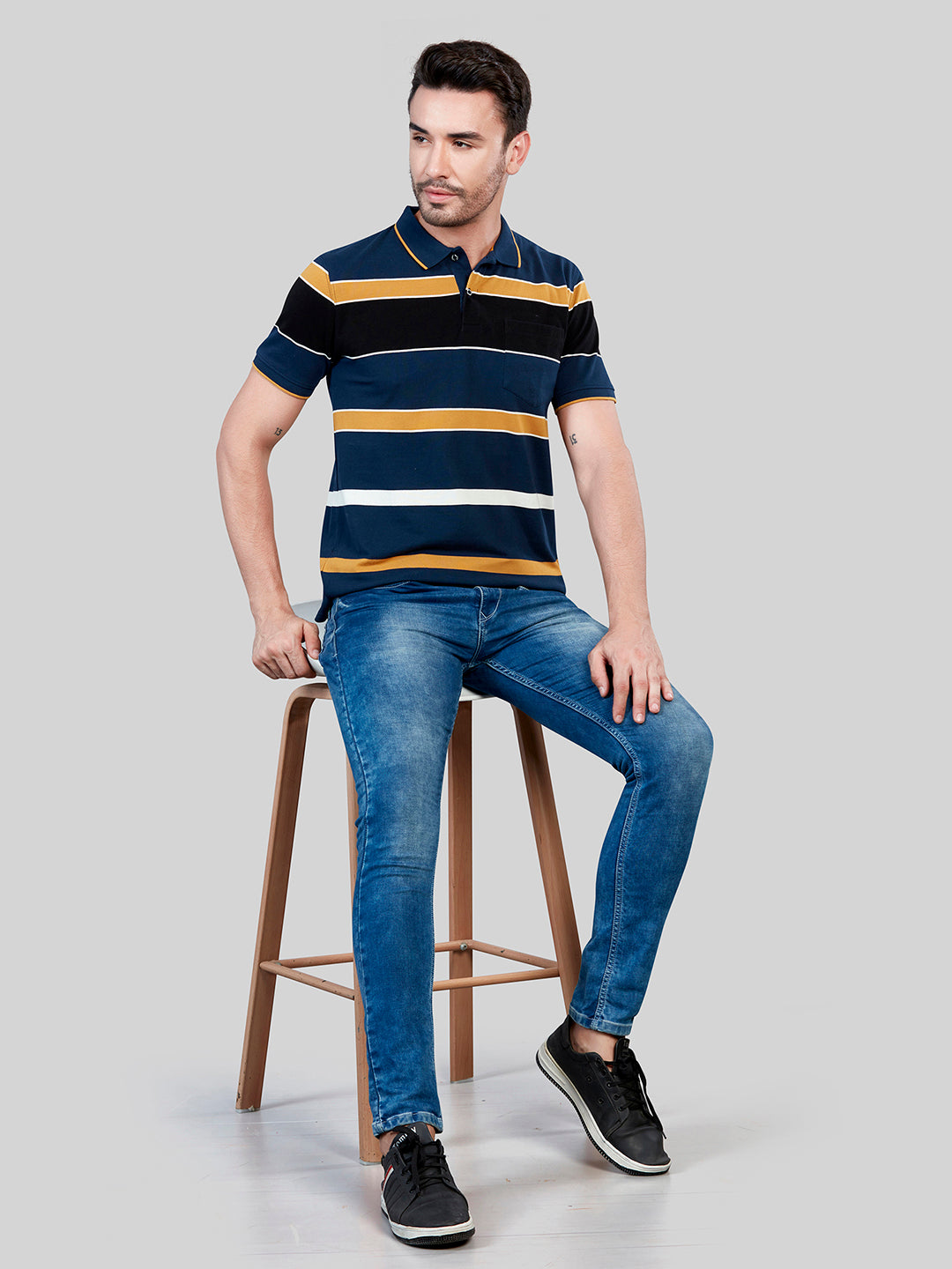 Navy Strpied Polo Neck T-Shirt
