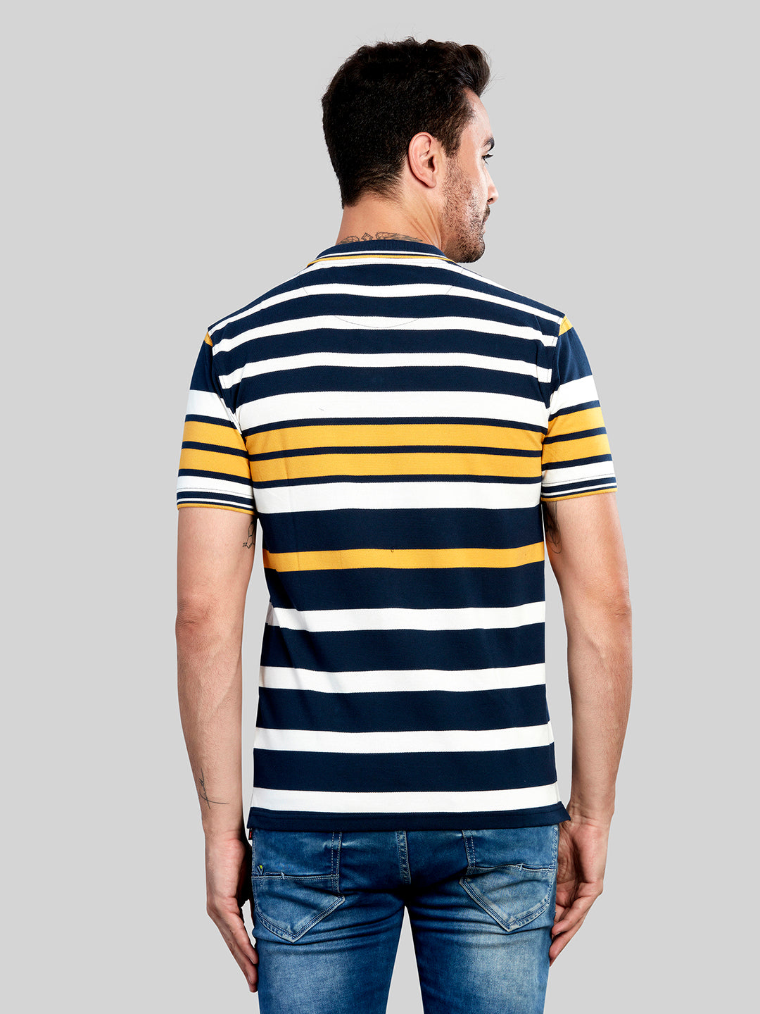 Blue & Yellow Striped Polo Neck T-Shirt