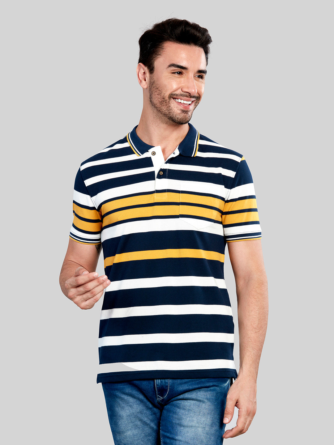 Blue & Yellow Striped Polo Neck T-Shirt