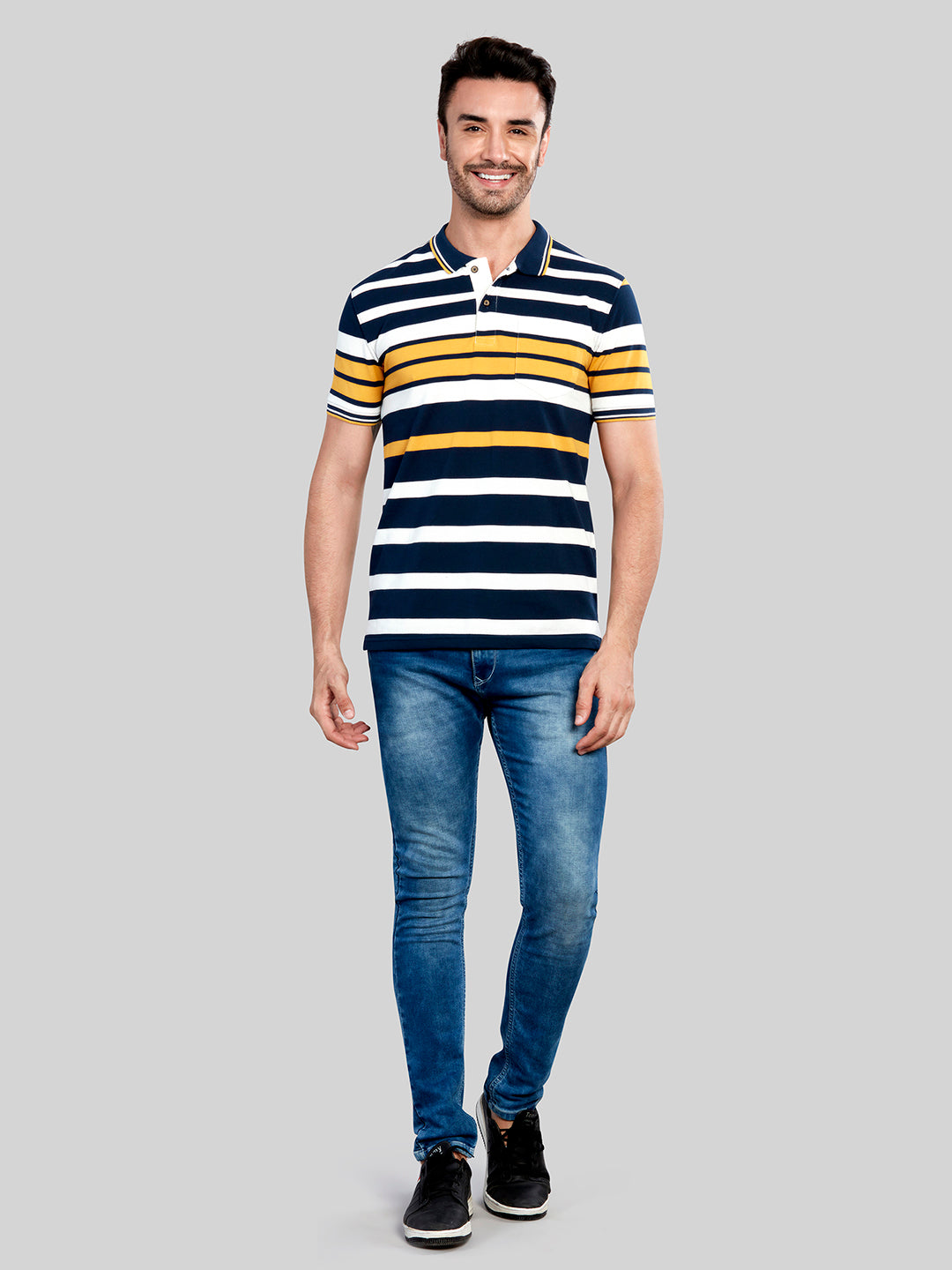 Blue & Yellow Striped Polo Neck T-Shirt