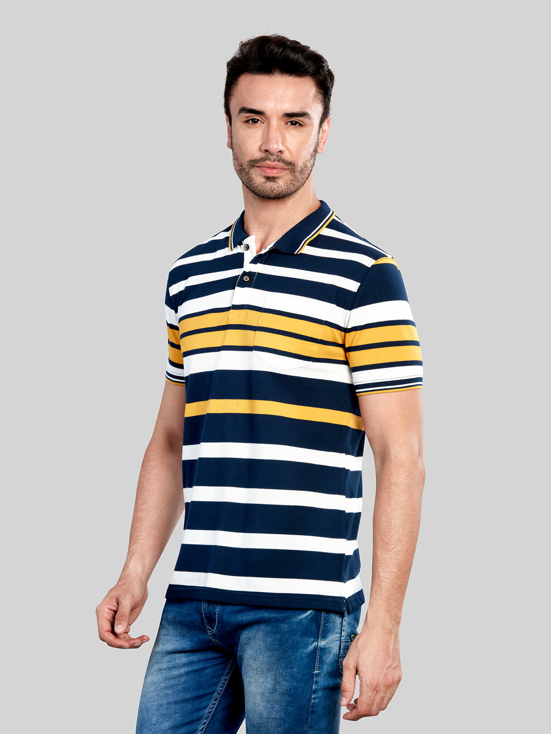 Blue & Yellow Striped Polo Neck T-Shirt