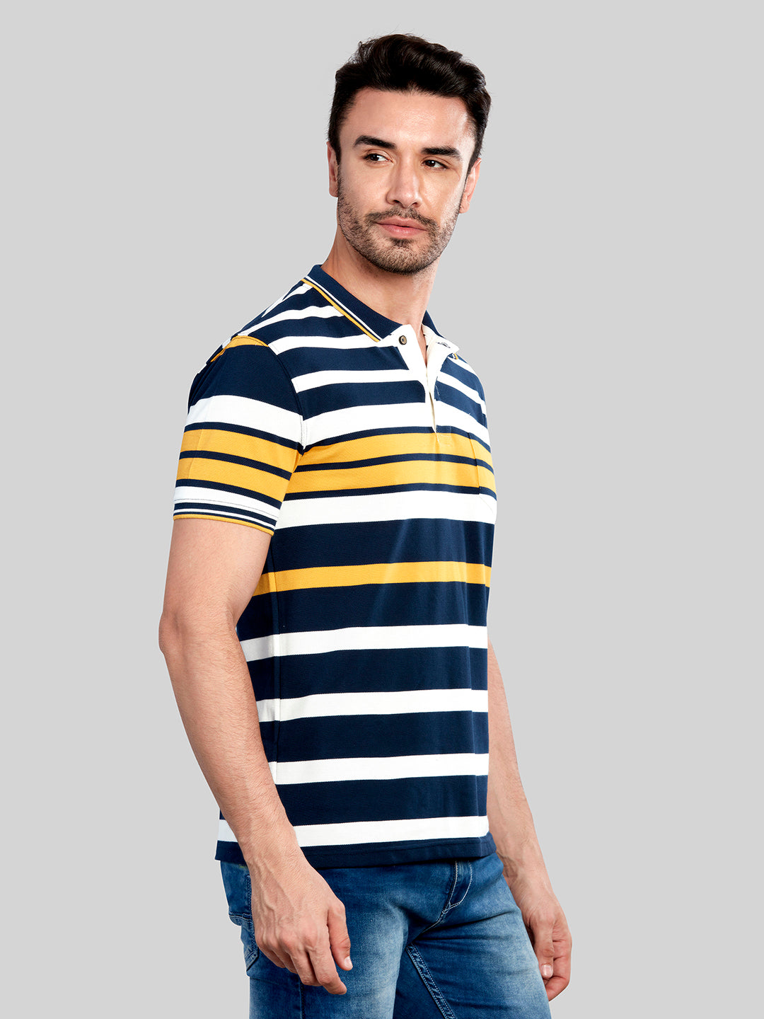 Blue & Yellow Striped Polo Neck T-Shirt