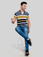 Blue & Yellow Striped Polo Neck T-Shirt